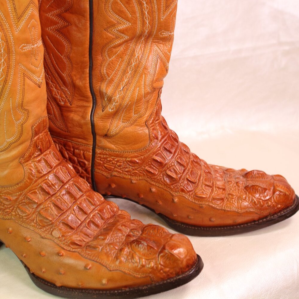 Rudel Rogers Cowboy Boots + Genuine Ostrich Leather + Cognac / Tobacco + Size 10